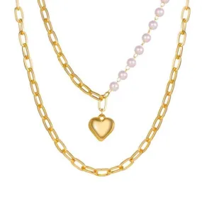 Multi-Layered  Collarbone Chain Double- Layer Pearl Love Pendant Necklace