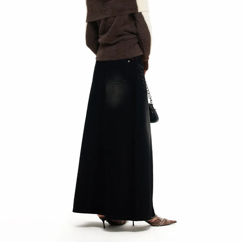 NUHT “Stitch” Washed Split Denim Long Skirt