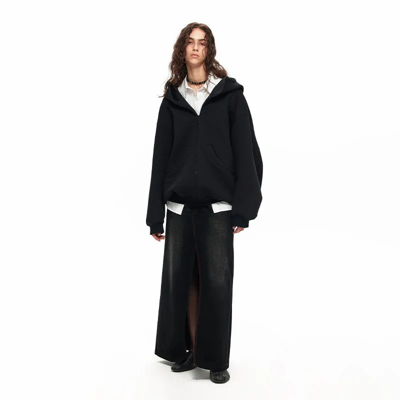 NUHT “Stitch” Washed Split Denim Long Skirt