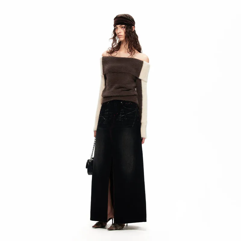 NUHT “Stitch” Washed Split Denim Long Skirt