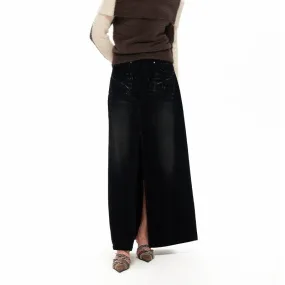 NUHT “Stitch” Washed Split Denim Long Skirt