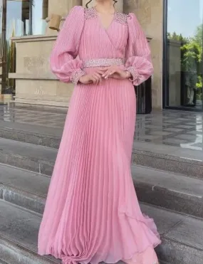 Pink Pleated Elegant Long Sleeve Dress