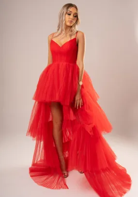 Red pleated layered high and low tulle dress (sample sale)