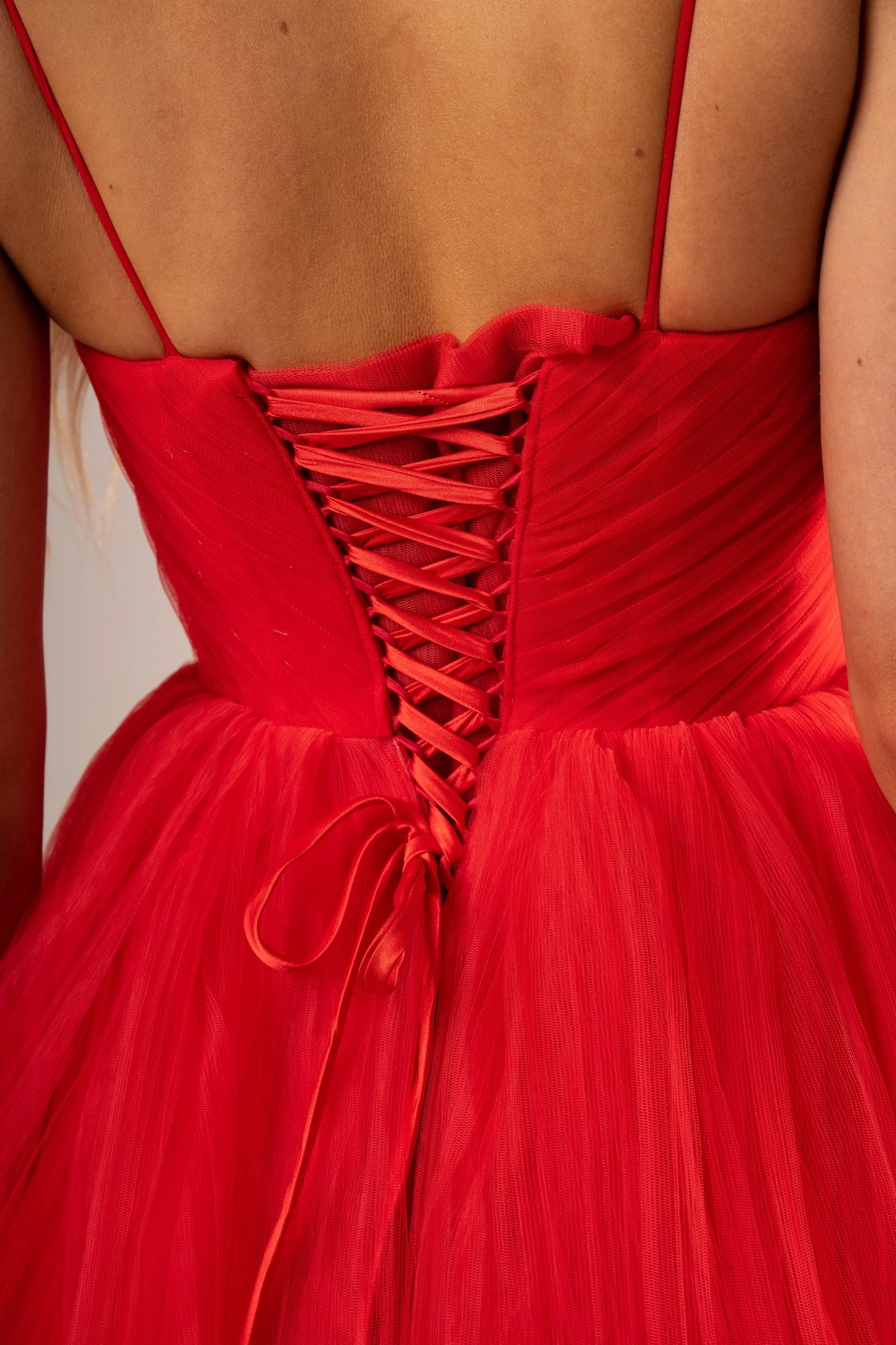 Red pleated layered high and low tulle dress (sample sale)