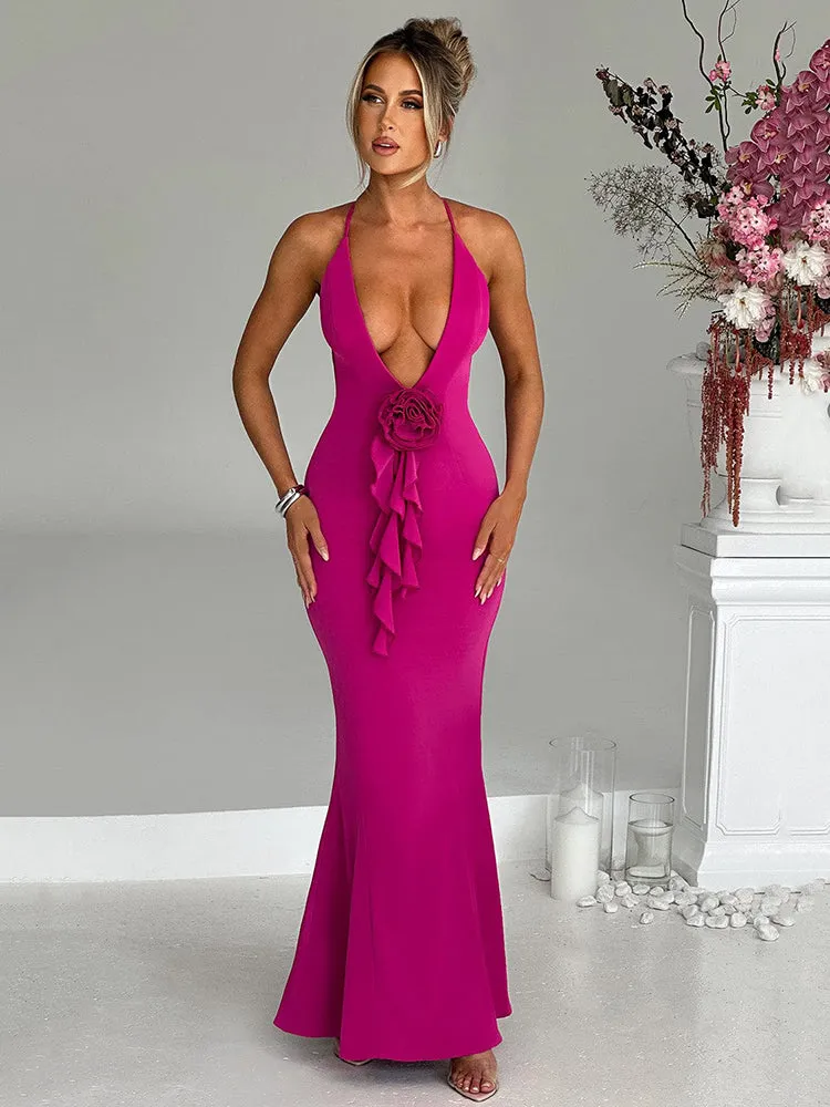 Renee Flower Deep V Neck Sexy Maxi Dress