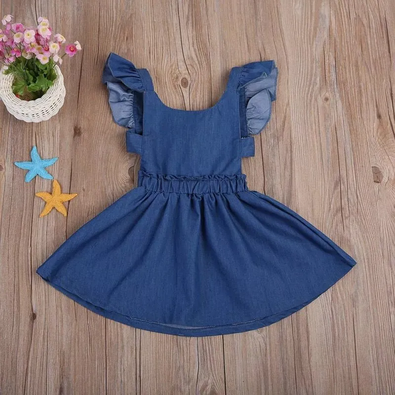 SALE Girl's Denim Flutter Sleeve Tie Back Dress