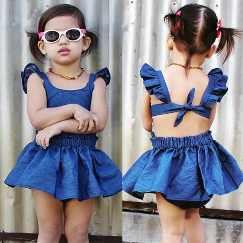 SALE Girl's Denim Flutter Sleeve Tie Back Dress