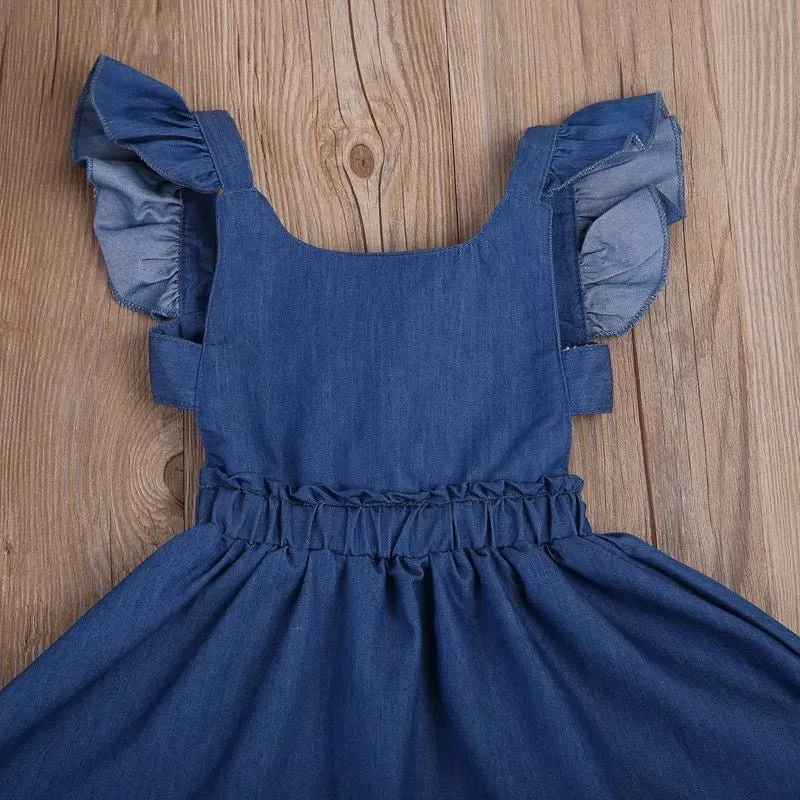 SALE Girl's Denim Flutter Sleeve Tie Back Dress