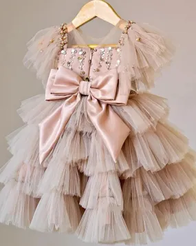 Sequin Princess Cake Dress in Beige Pink