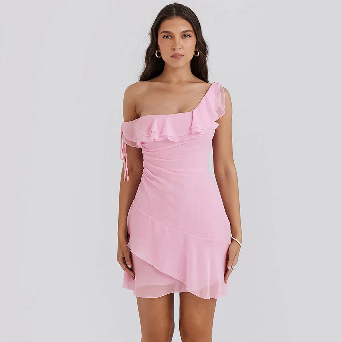 Sexy Chiffon Ruffled One Shoulder French Party Dress