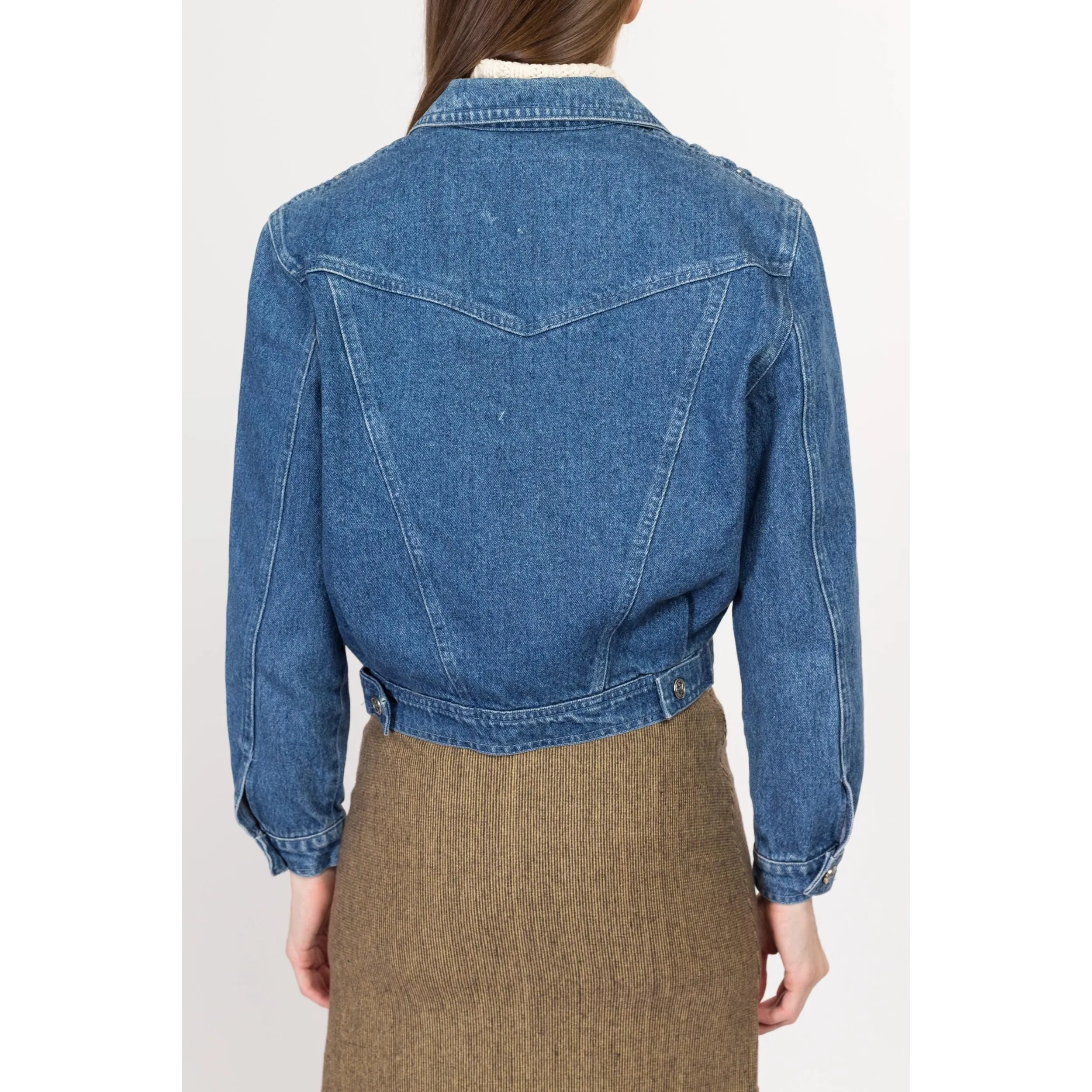 Small 80s Crochet Floral Cropped Jean Jacket