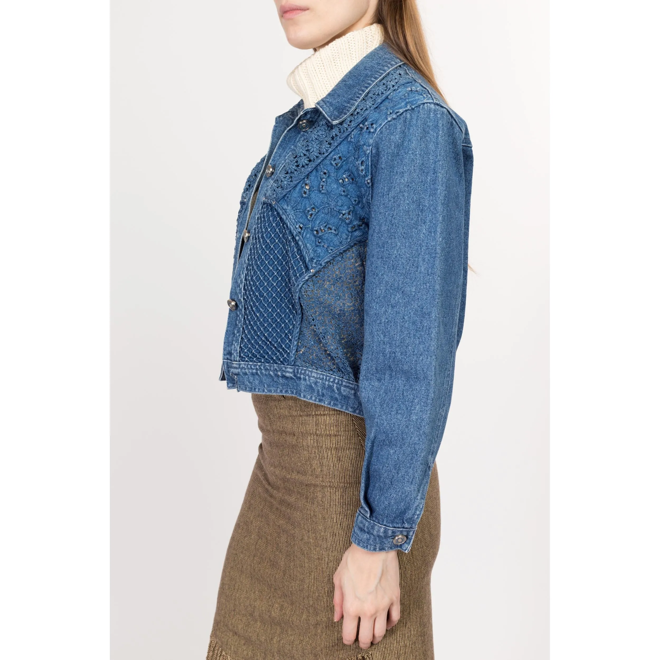 Small 80s Crochet Floral Cropped Jean Jacket