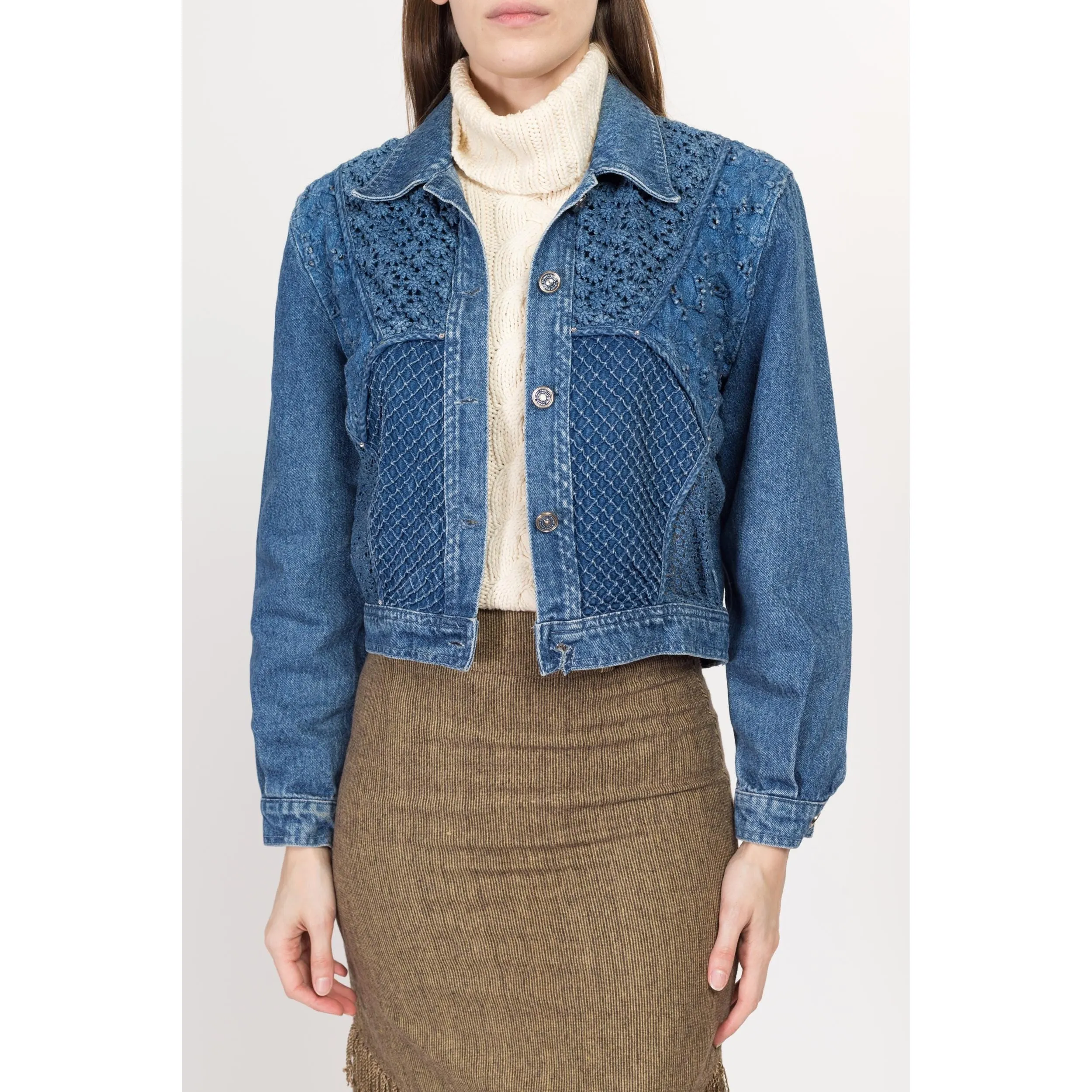 Small 80s Crochet Floral Cropped Jean Jacket