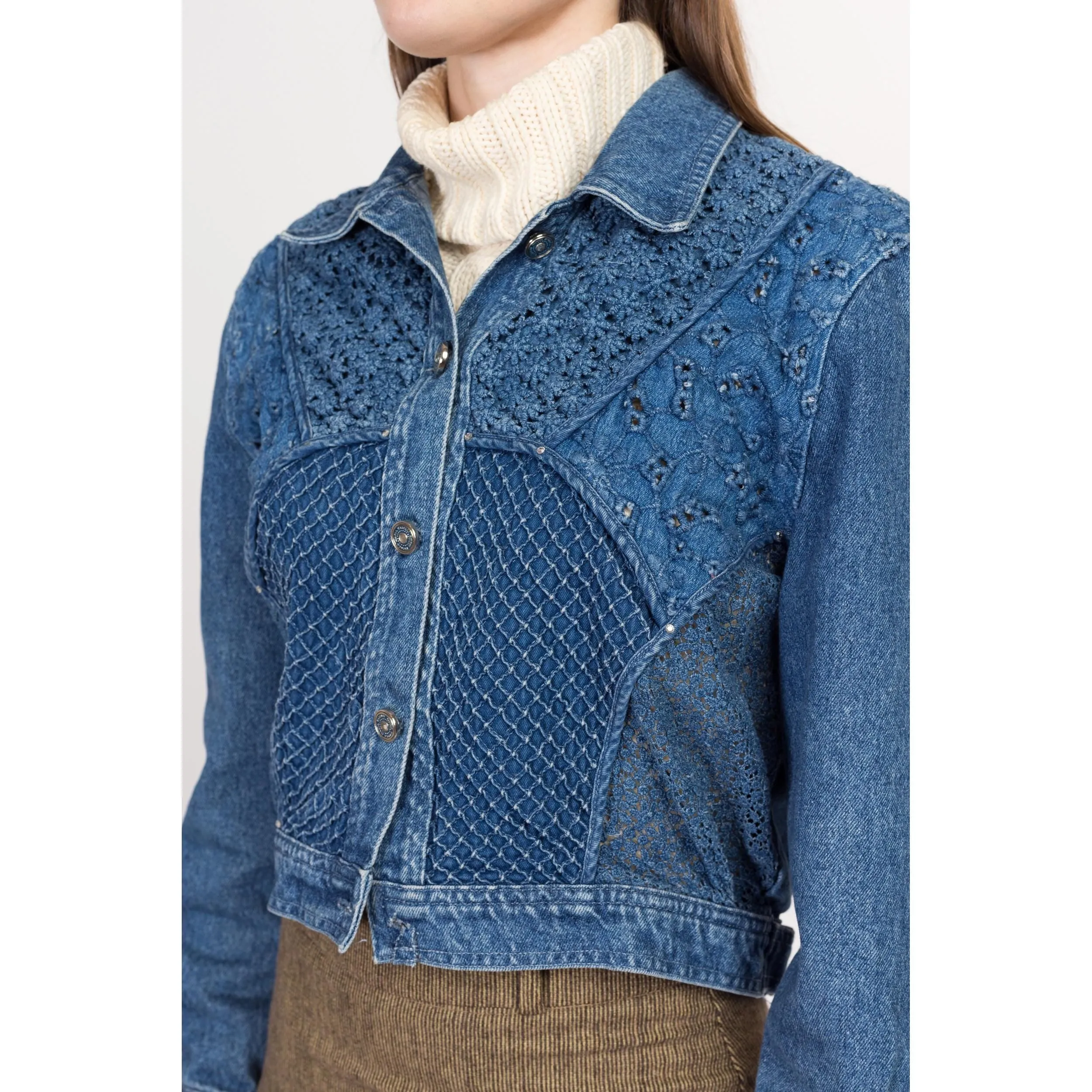 Small 80s Crochet Floral Cropped Jean Jacket