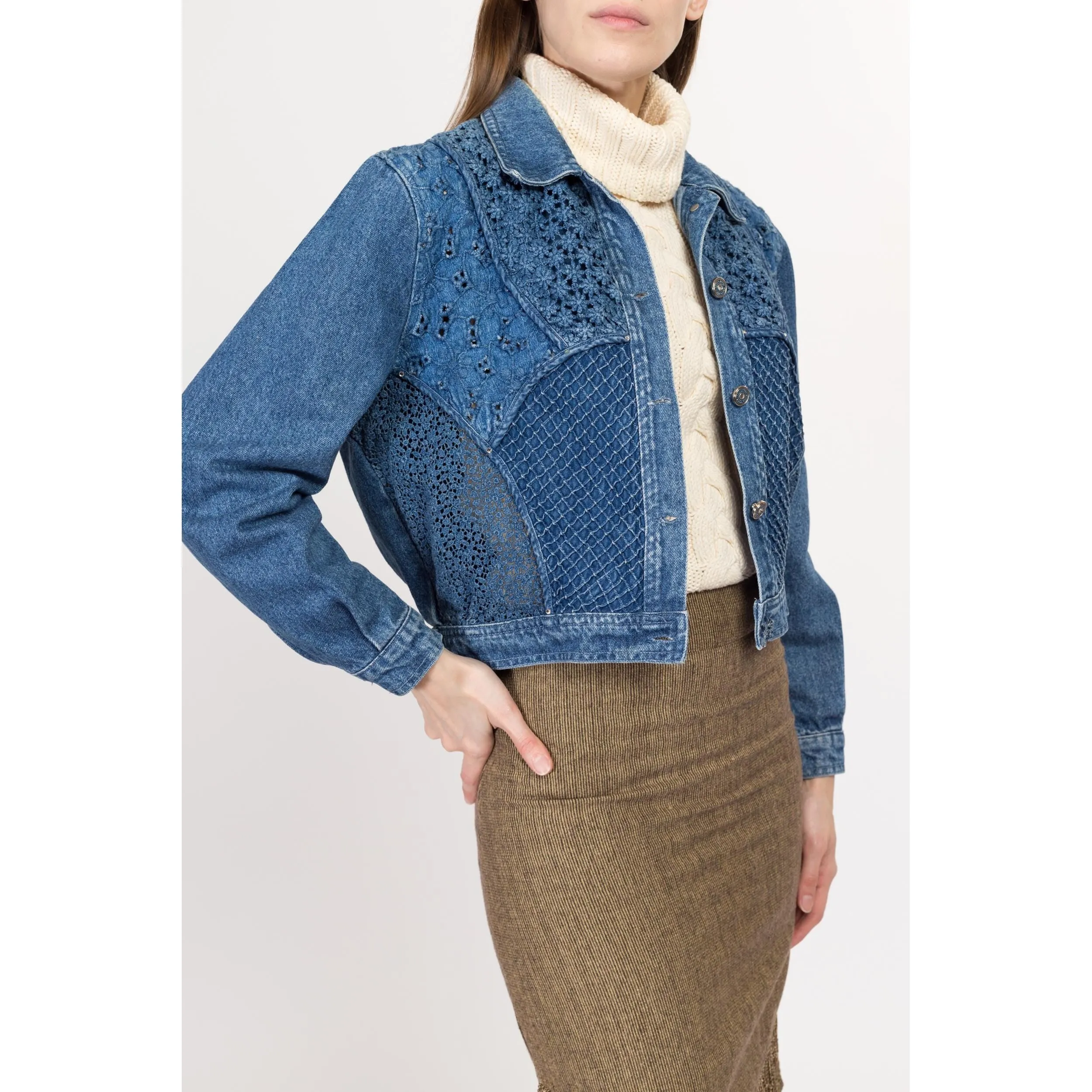 Small 80s Crochet Floral Cropped Jean Jacket
