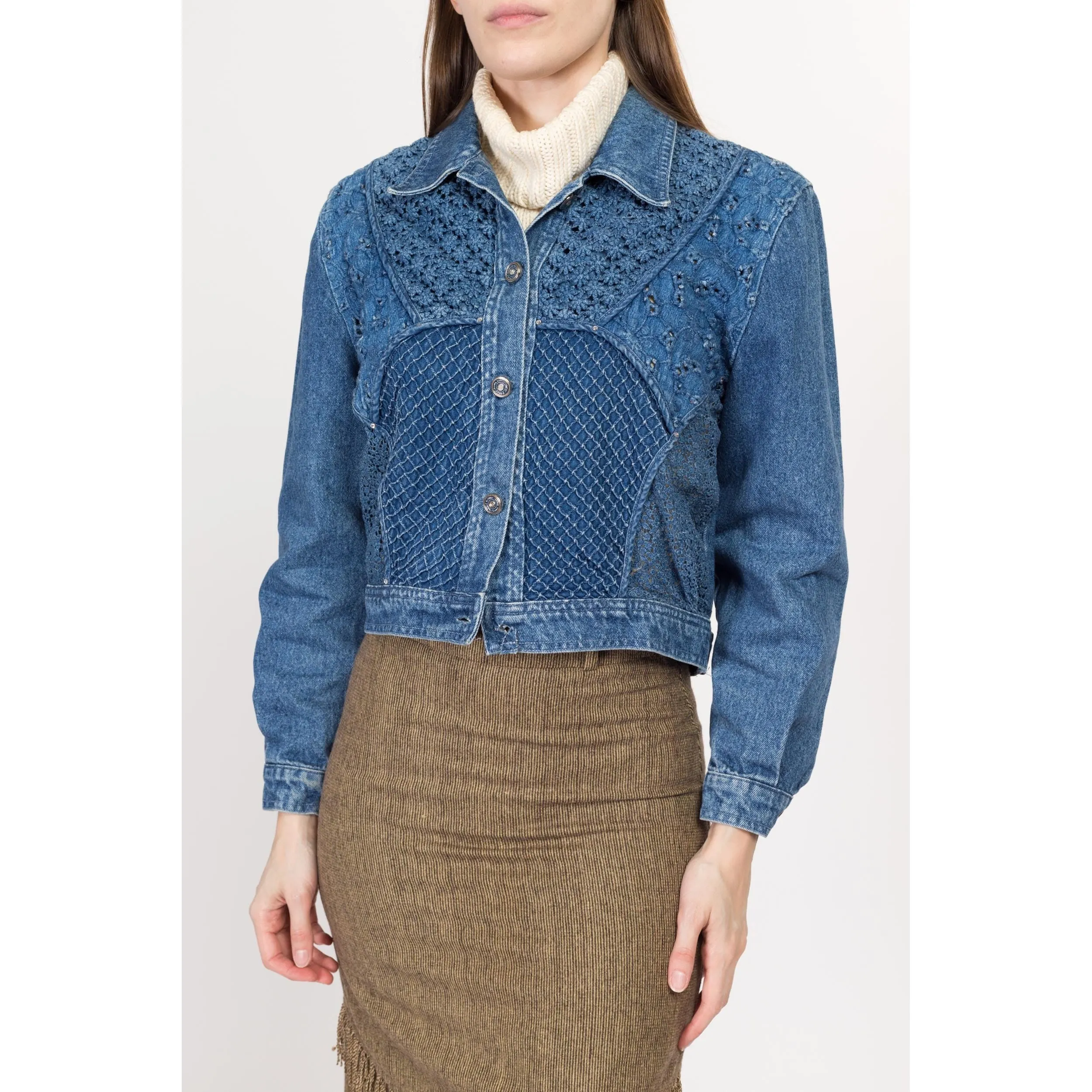 Small 80s Crochet Floral Cropped Jean Jacket