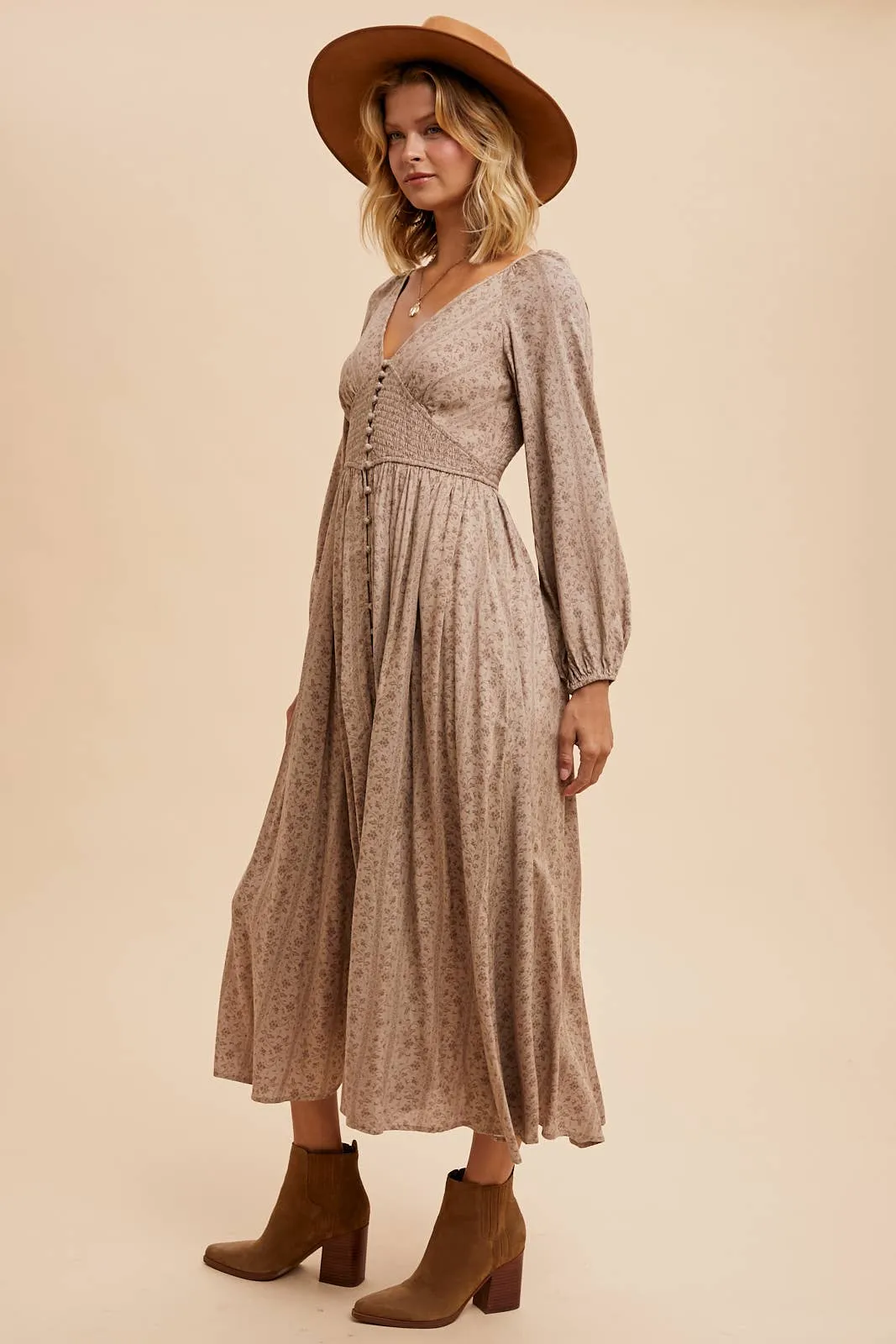 Taupe Smocked Floral Maxi Dress