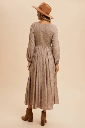 Taupe Smocked Floral Maxi Dress