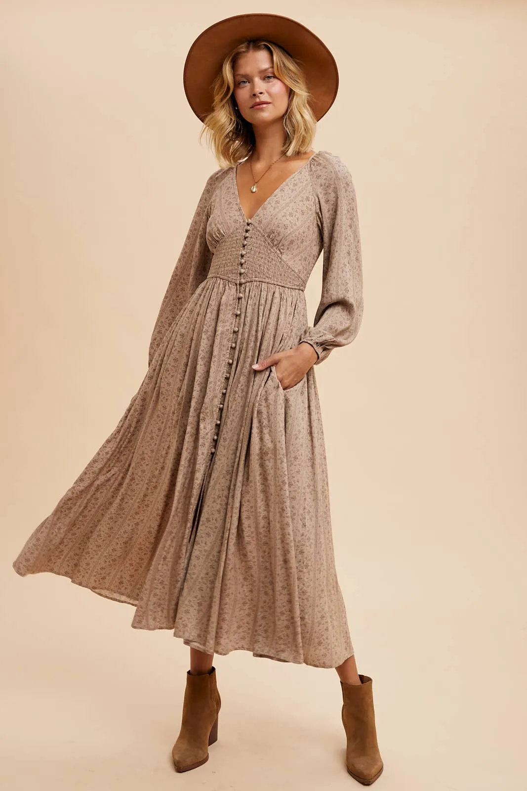 Taupe Smocked Floral Maxi Dress