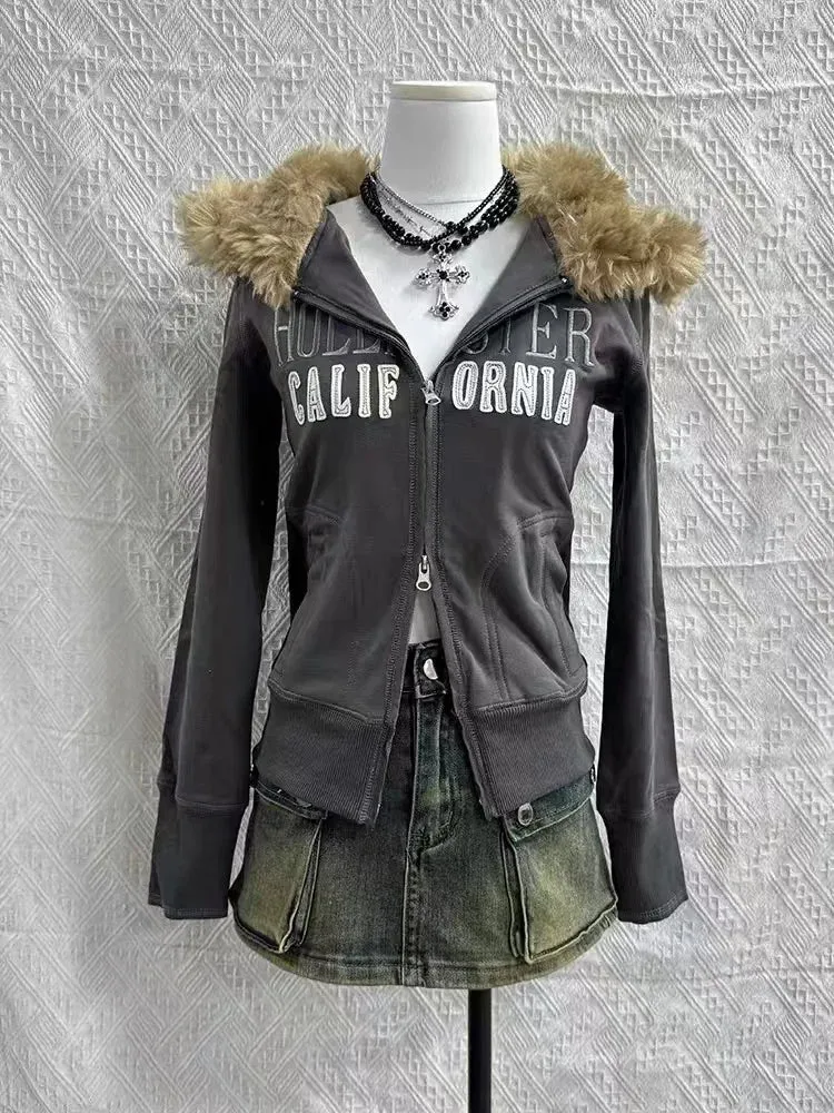 TAVIMART  -  Autumn and Winter Classic Harajuku Style Fashion Retro Hoodie Winter Thick Fur Leather Collar Women's Popular Jacket Top