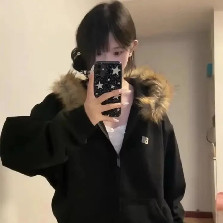 TAVIMART  -  Autumn and Winter Classic Harajuku Style Fashion Retro Hoodie Winter Thick Fur Leather Collar Women's Popular Jacket Top