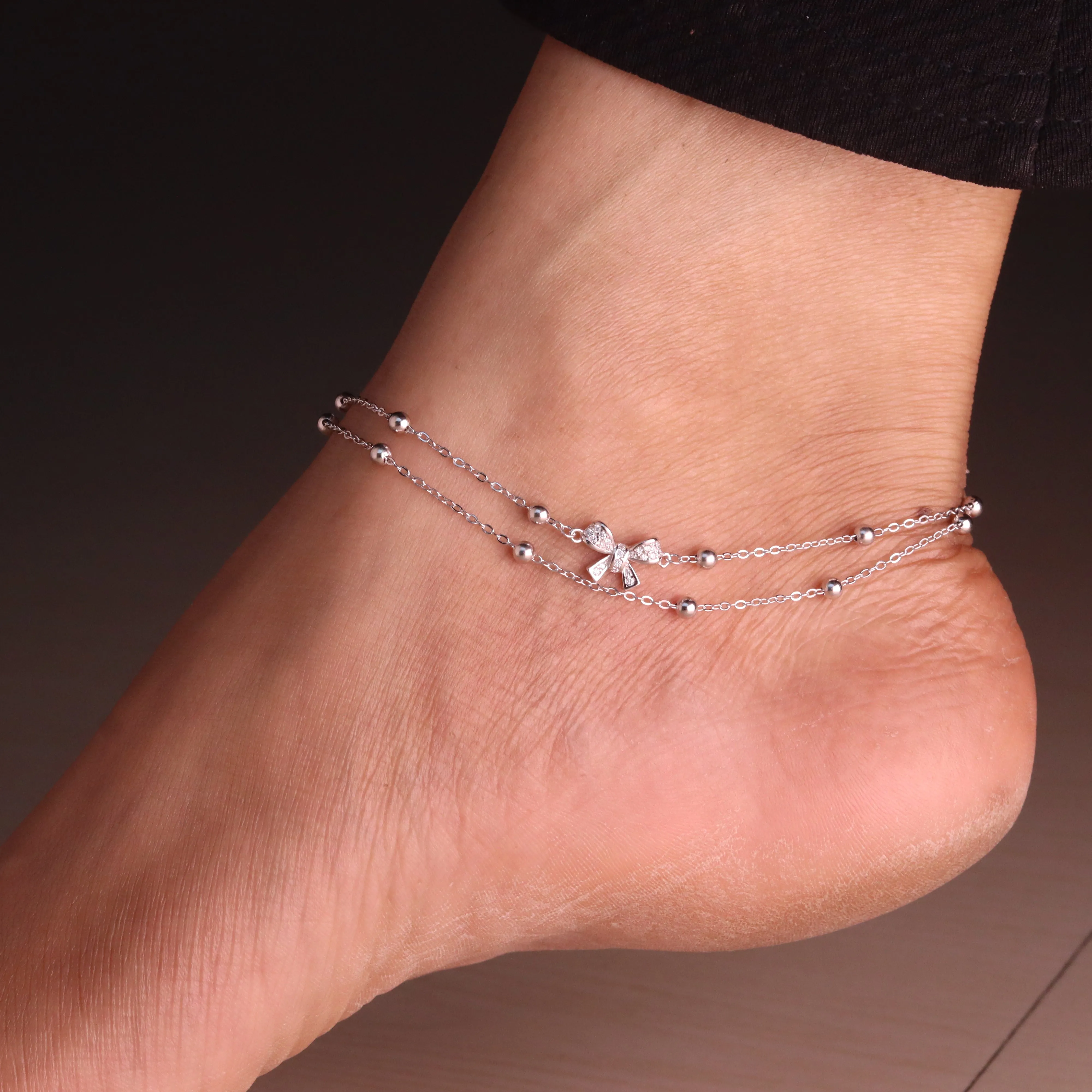 Twin Layer Bow Silver Payal for Women