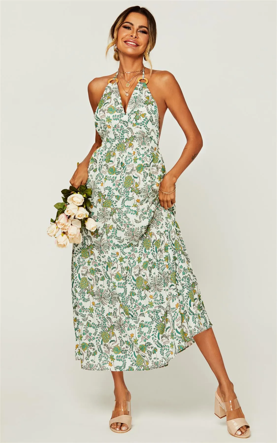 V Neck Back Tie Detail Maxi Dress In Green Floral Print