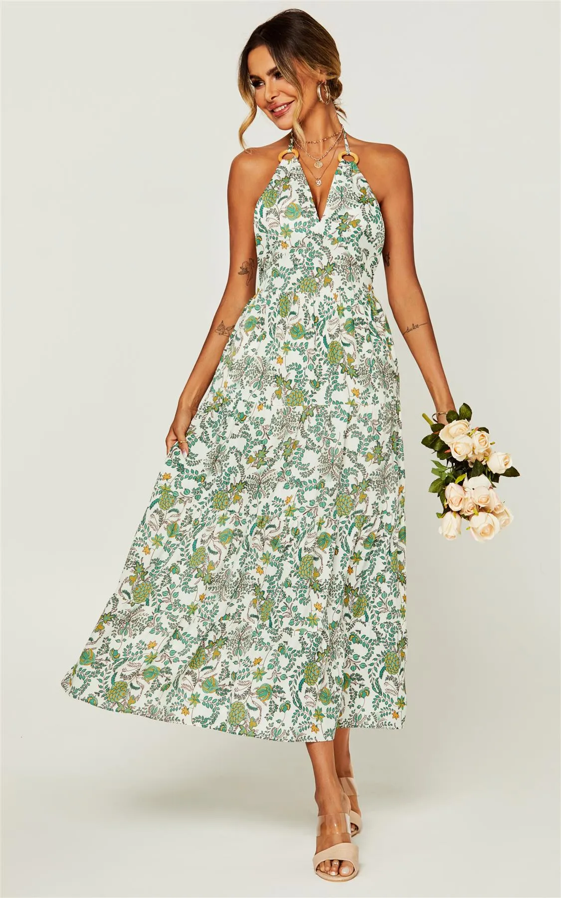 V Neck Back Tie Detail Maxi Dress In Green Floral Print