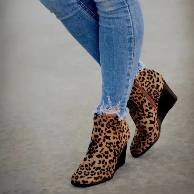 Winter Women Boots Leopard Wedges Ankle Boots Vintage Platform High