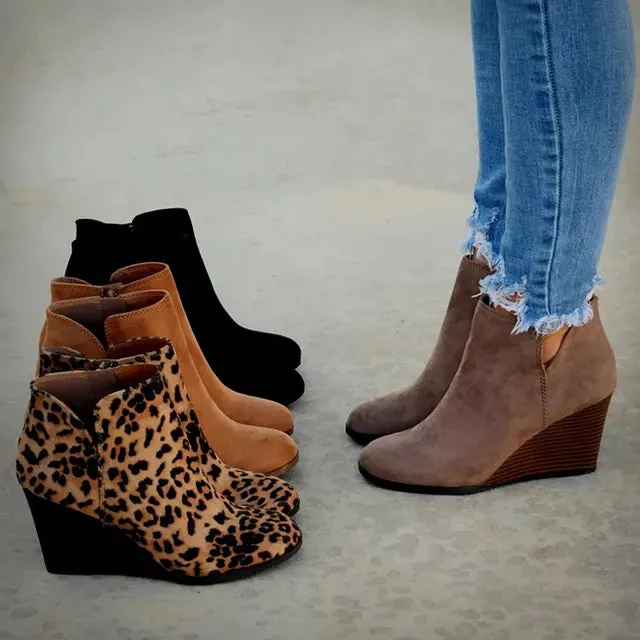 Winter Women Boots Leopard Wedges Ankle Boots Vintage Platform High