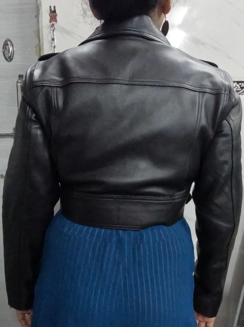 Womens Crop Leather Jacket BLACK  CROPPED Motorcycle Bolero Shrug Leather Jacket by tjs