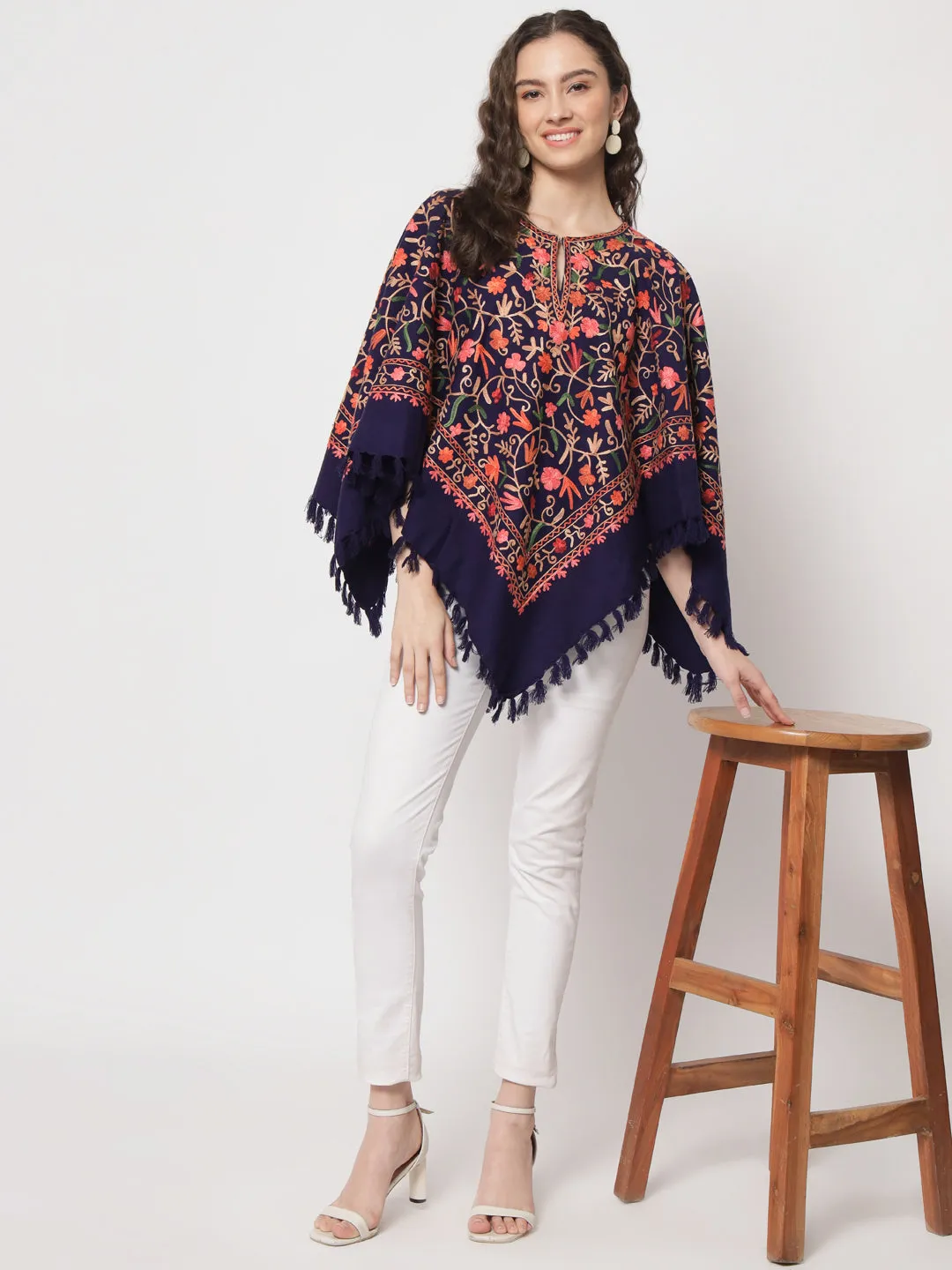 Woolen Kashmiri Poncho with Jaal Embroidery and Silk Lining | Blue