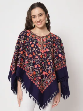 Woolen Kashmiri Poncho with Jaal Embroidery and Silk Lining | Blue