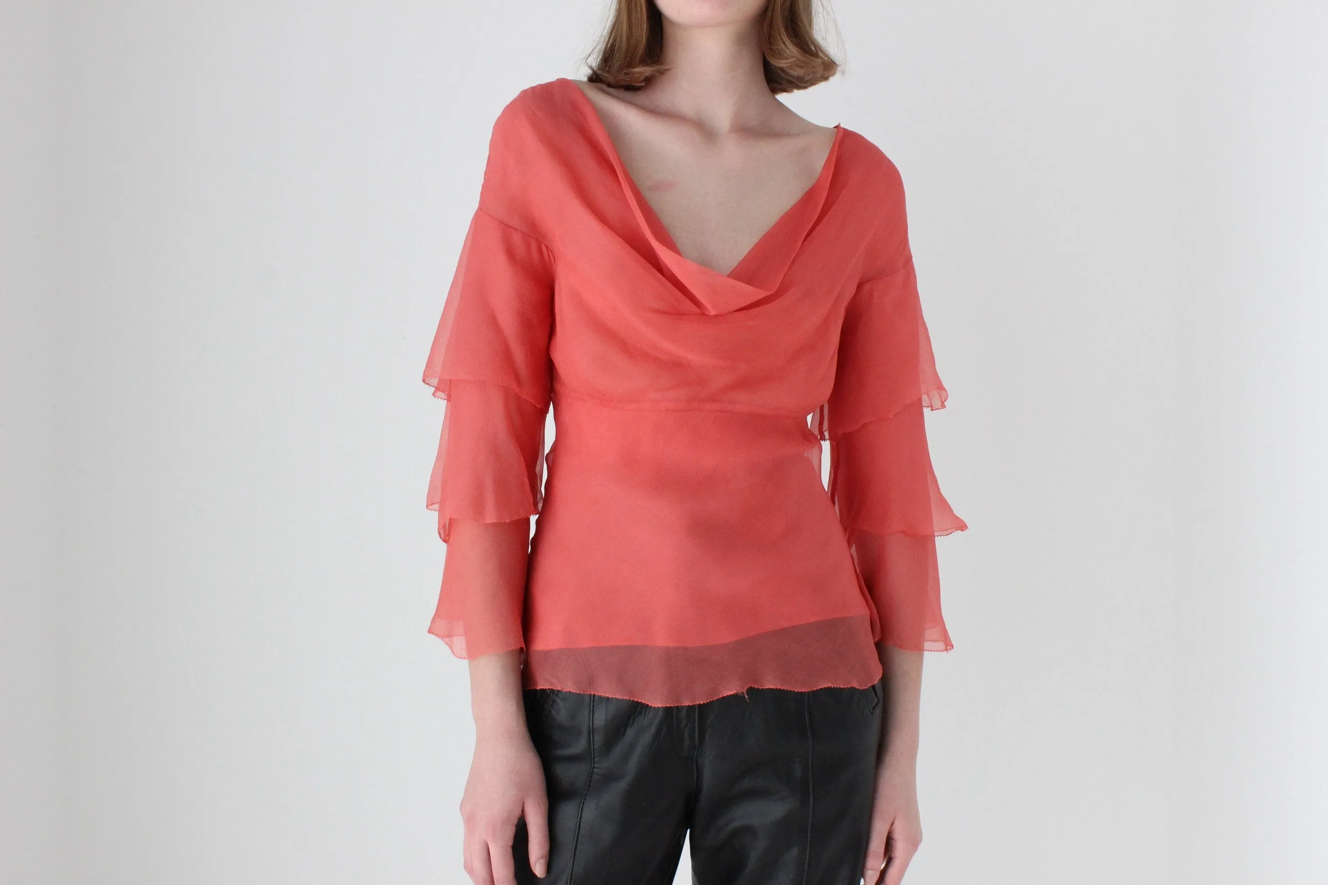 Y2K Designer CATHERINE MALANDRINO Watermelon Silk Tiered Ruffle Sleeve Top