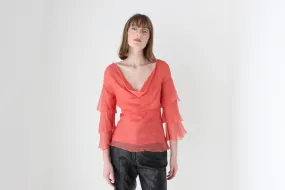 Y2K Designer CATHERINE MALANDRINO Watermelon Silk Tiered Ruffle Sleeve Top