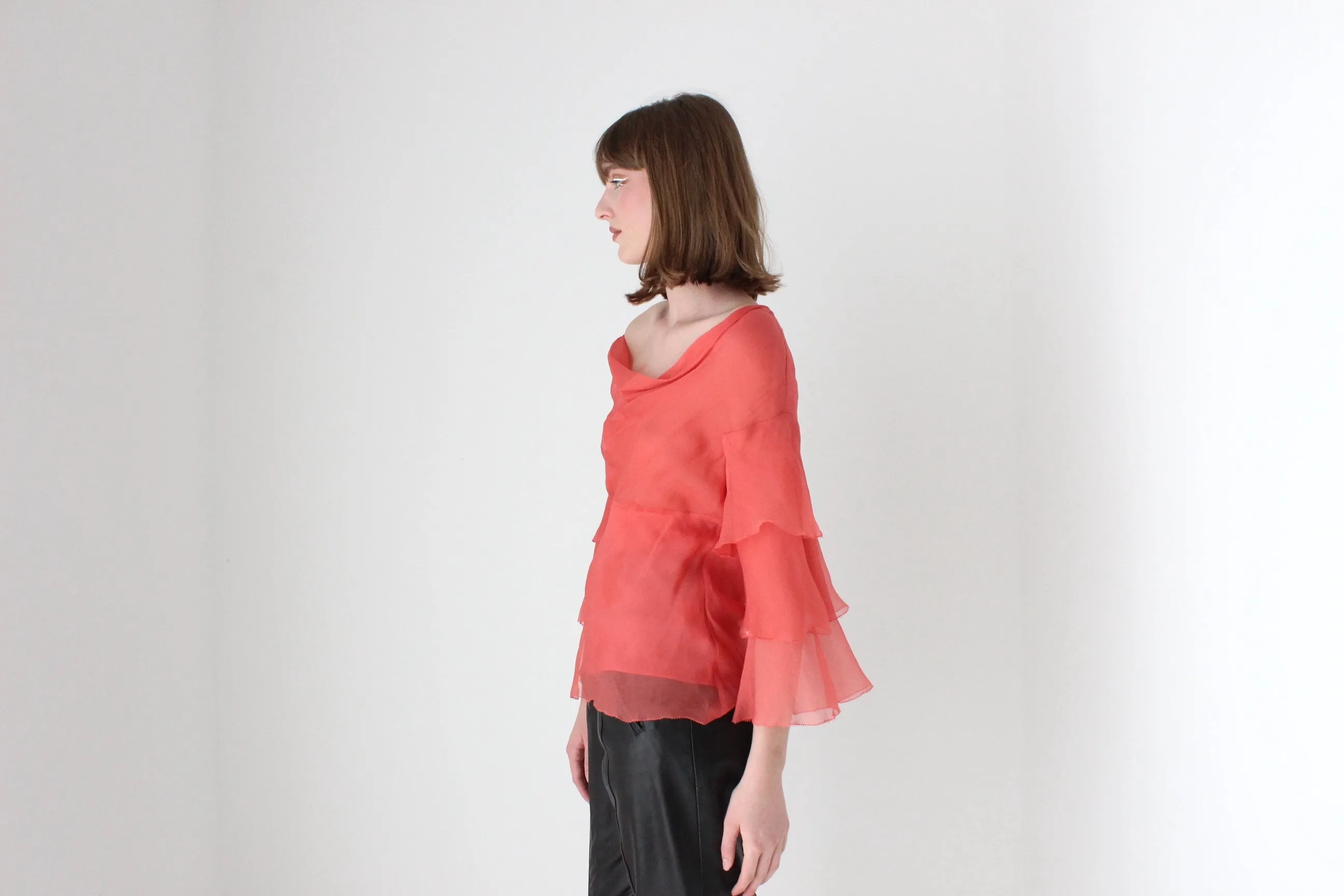 Y2K Designer CATHERINE MALANDRINO Watermelon Silk Tiered Ruffle Sleeve Top