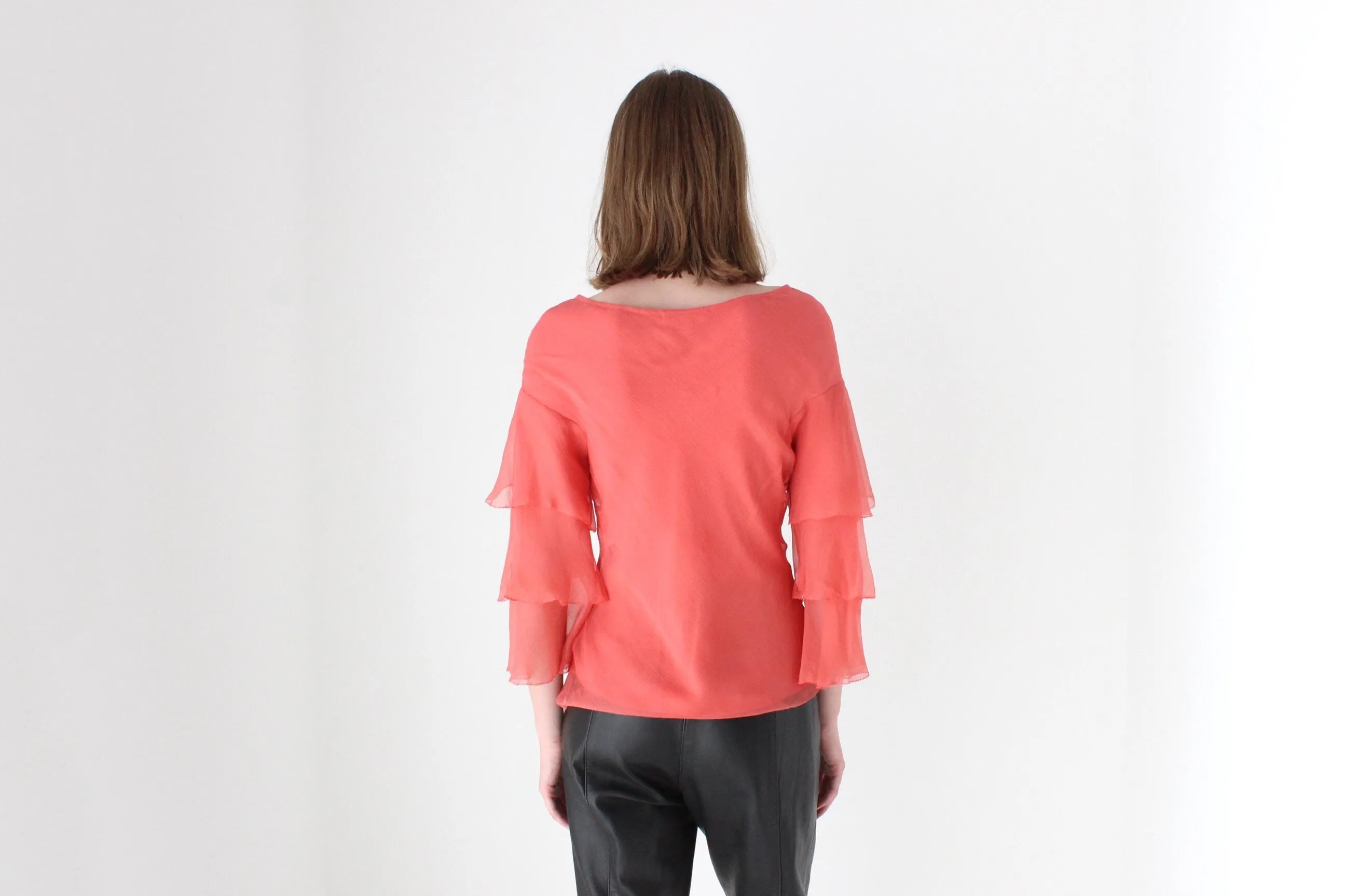 Y2K Designer CATHERINE MALANDRINO Watermelon Silk Tiered Ruffle Sleeve Top