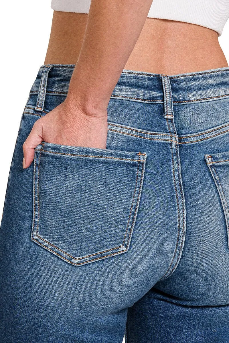 Zenana Mid Rise Straight Raw Hem Denim Jeans