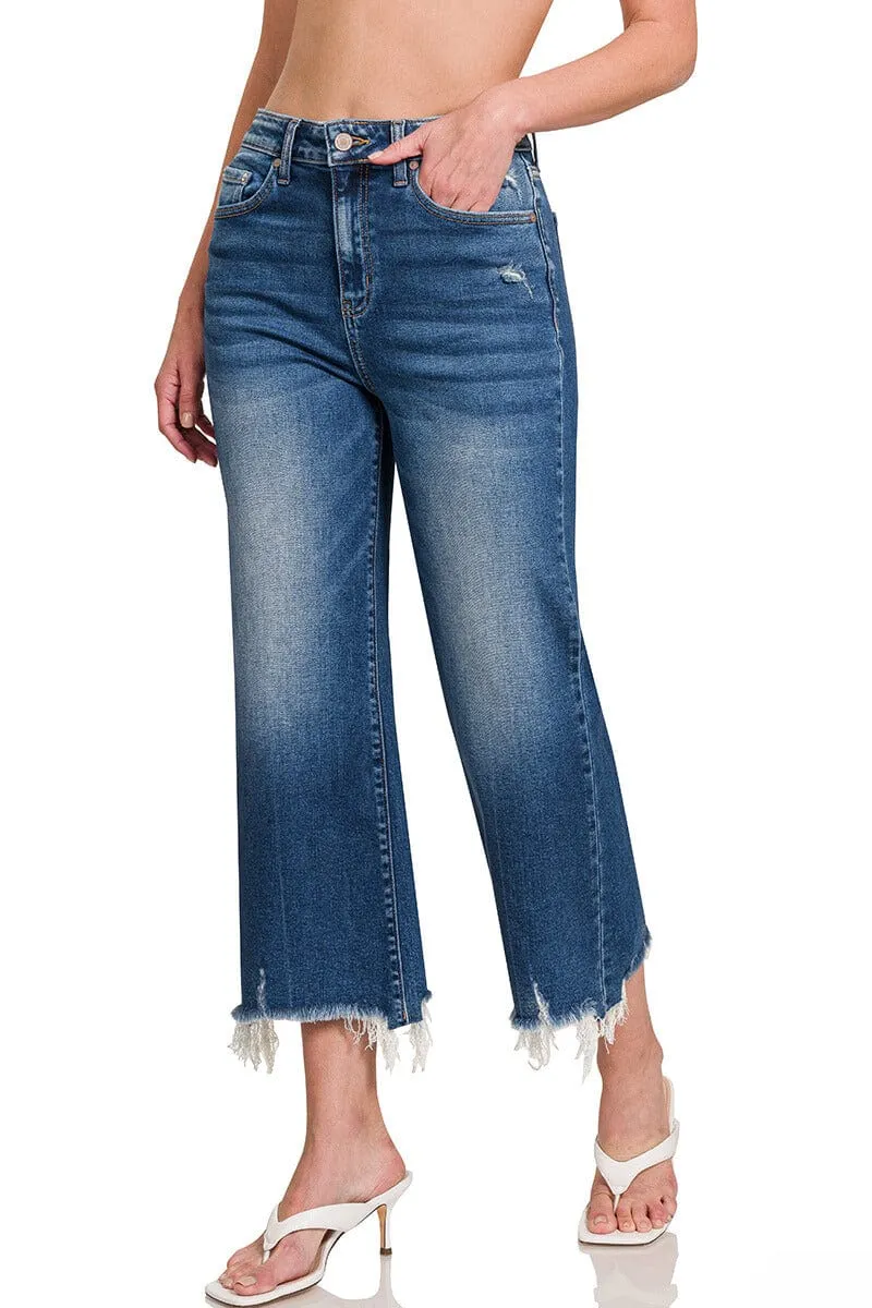 Zenana Mid Rise Straight Raw Hem Denim Jeans